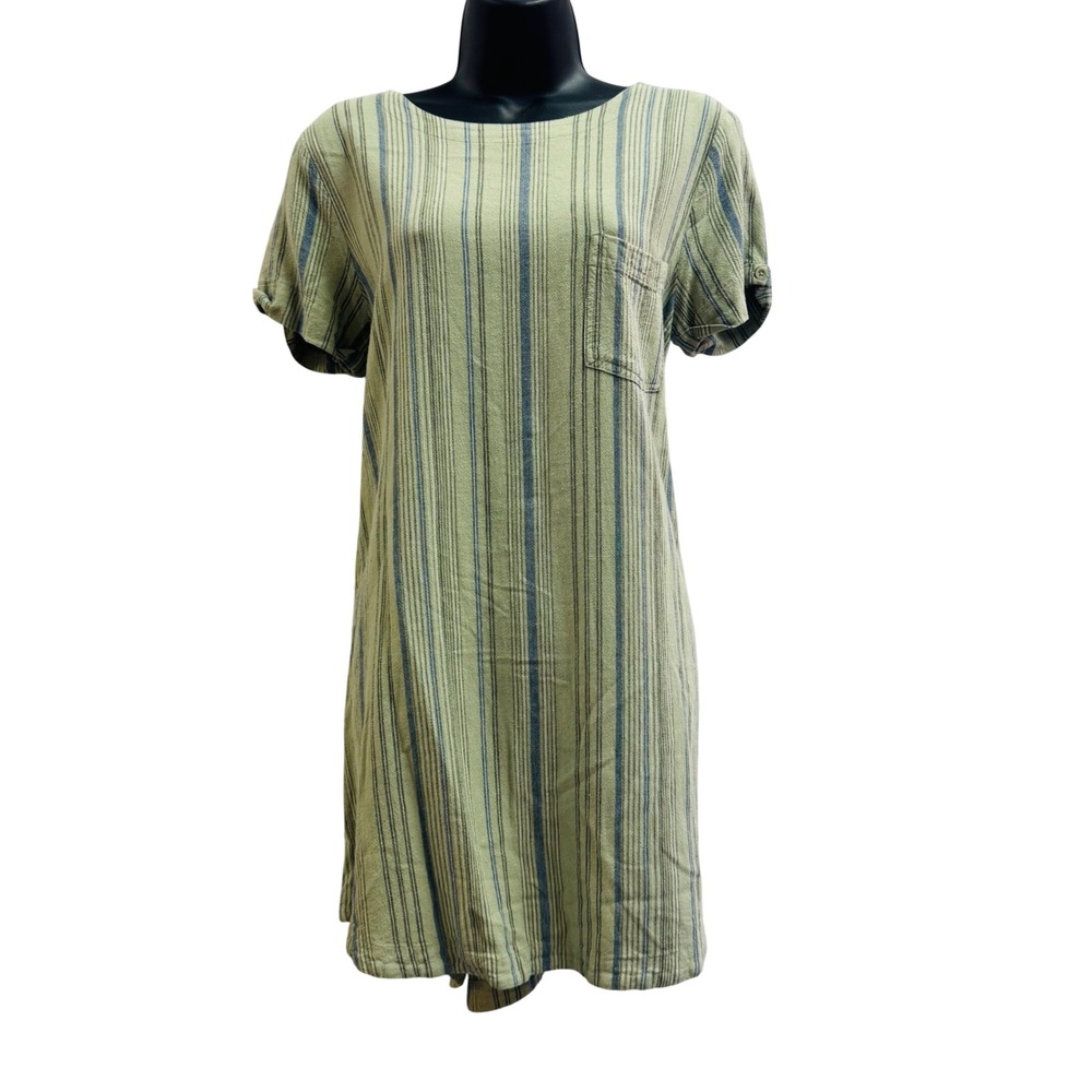 Cloth & Stone Sage Green Striped Linen Blend Button Back Mini Dress Medium